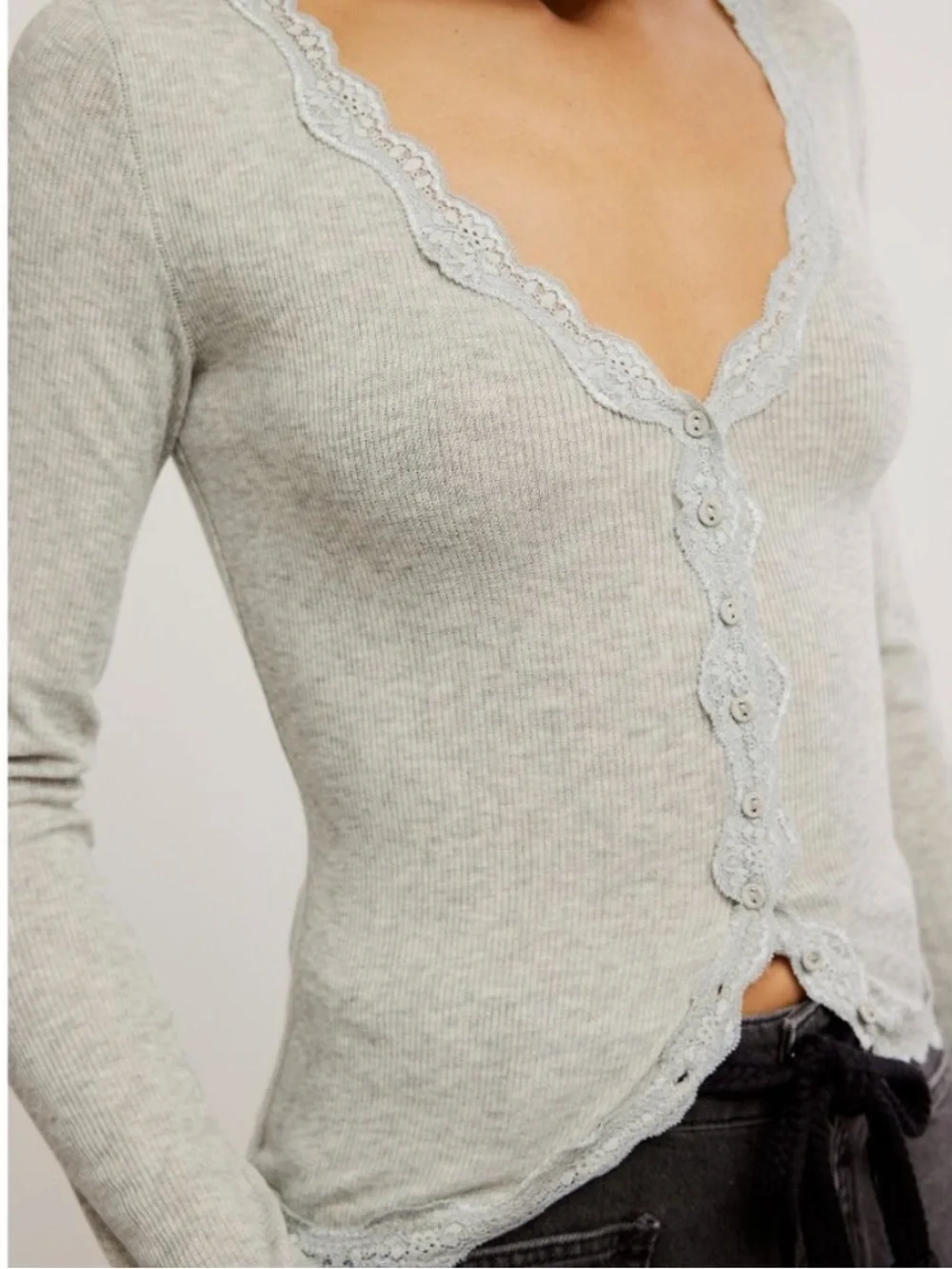 Free People Medium Love You Most Light Gray Ribbed Lace-Trim Cardi NWT